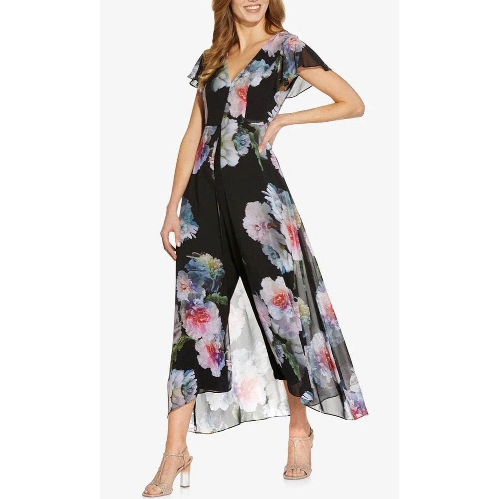 NWT Adrianna Papell Floral Chiffon Overlay Jumpsuit‎ Sz 2 Black Multi AP1D104440